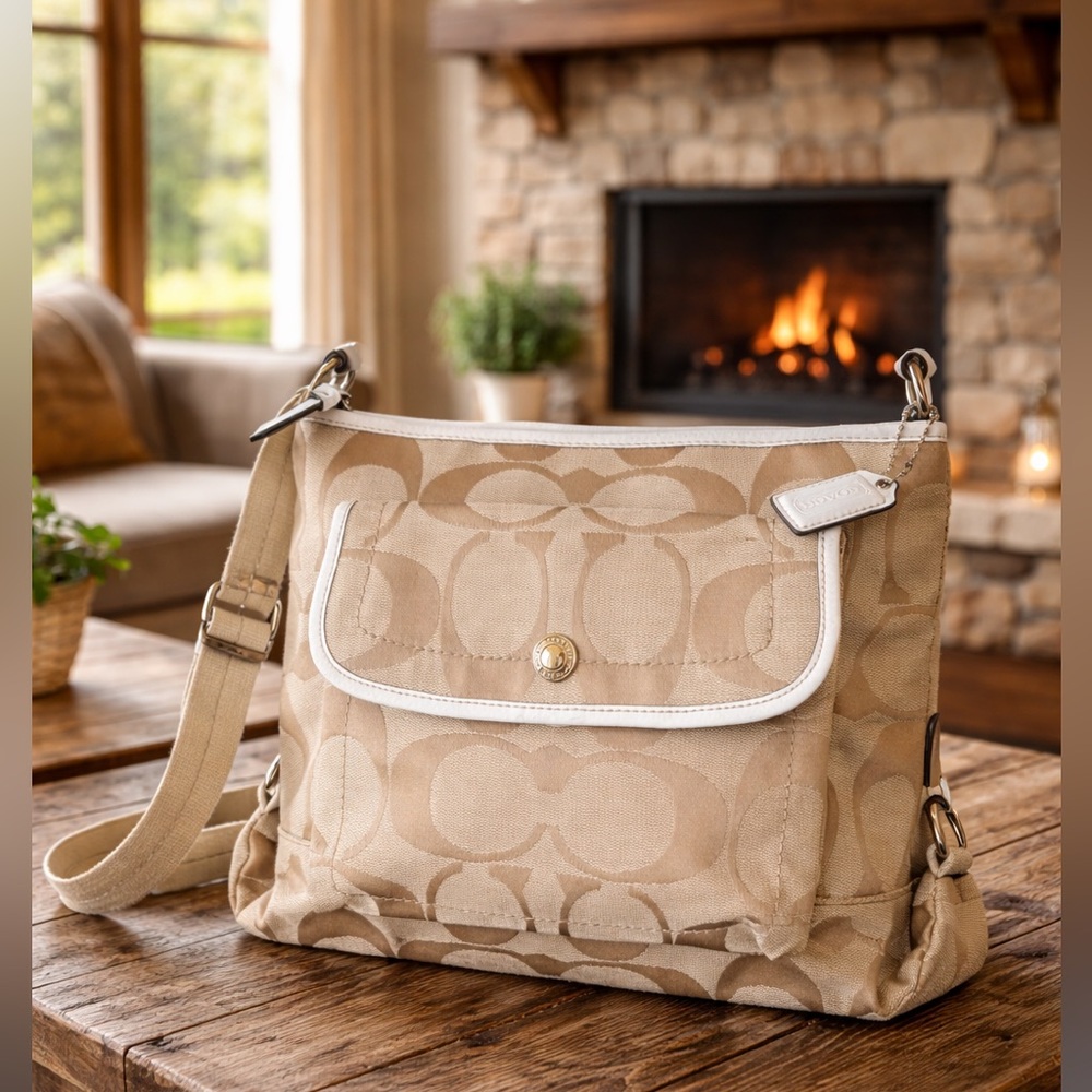 Coach Kyra 2011 Beige Signature Canvas Crossbody with White Trim